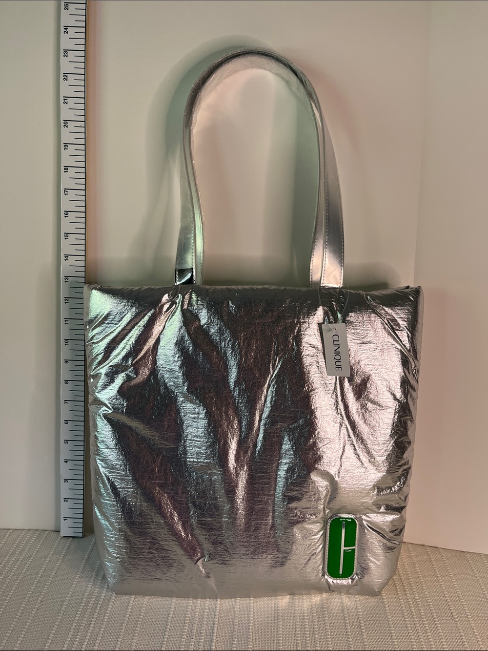 Clinique Silver Metallic PUFFY Tote with Green Logo Accent, NWT super clean